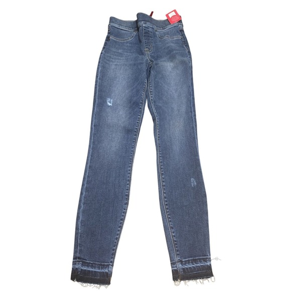 SPANX Denim - Spanx Distressed Skinny Ankle Jeggings MidWash ‎ Pull On Jeans  XS $128 Stretch